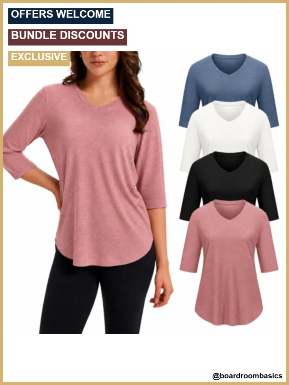 4 Pack 3/4 Sleeve V Neck Tops Plus Size Womens T Shirts Soft Stretch